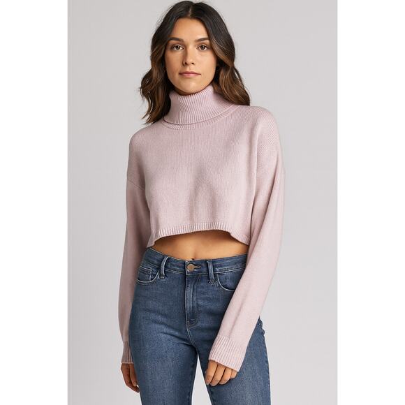 MANGO Pink Cropped Turtleneck Sweater Size M Soft Knit Cozy Cotton Blend - Picture 1 of 8